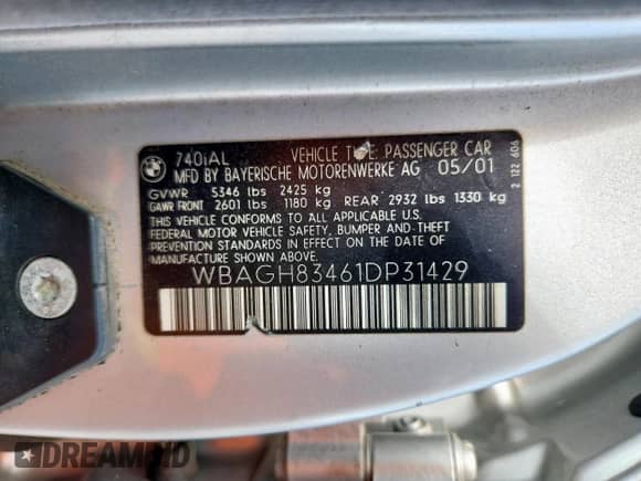 2001 BMW 7 Series 740iL with VIN WBAGH83461DP31429, listed as a Copart auction lot 85560065 with 147,175 mi miles and Clean title. Bid and sale history available at DreamBid. Image 13.