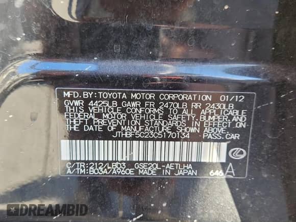 2012 Lexus IS 250 with VIN JTHBF5C23C5170134, listed as a Copart auction lot 82599495 with 285,447 mi miles and Clean title. Bid and sale history available at DreamBid. Image 12.