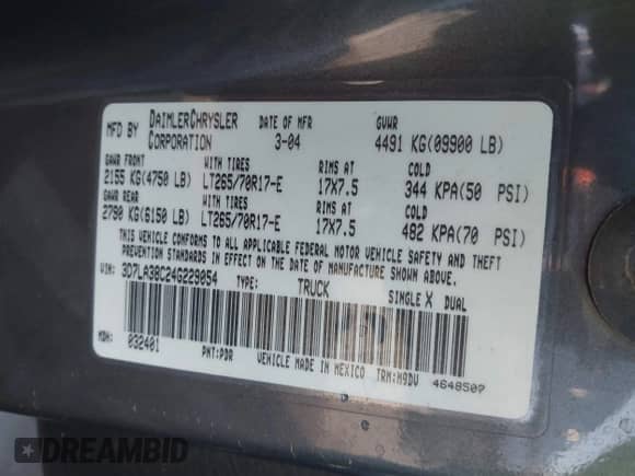 2004 Dodge 3500 ST with VIN 3D7LA38C24G229054, listed as a IAAI auction lot 41862085 with 326,696 mi miles and . Bid and sale history available at DreamBid. Image 9.