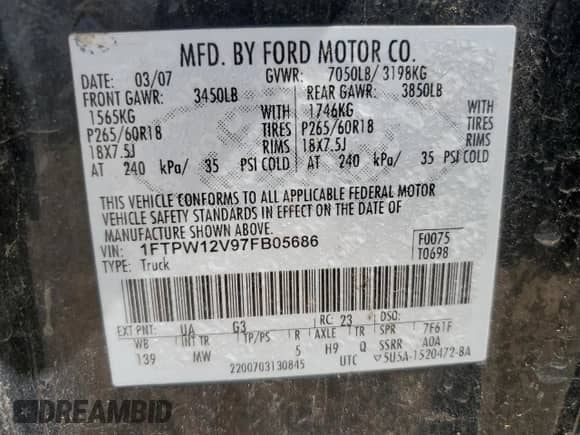 2007 Ford F-150 XLT с VIN 1FTPW12V97FB05686, выставлен на аукционе Copart как лот 68710135 с пробегом 263 430 миль миль и Списание • Salvage title. История ставок и продаж доступна на DreamBid. Изображение 12.