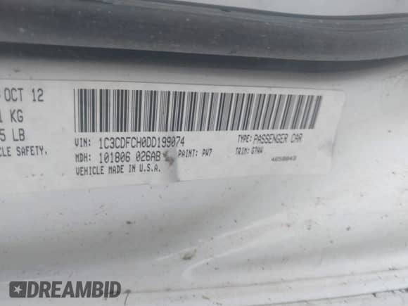 2013 Dodge Dart Limited with VIN 1C3CDFCH0DD199074, listed as a IAAI auction lot 41550221 with 133,966 mi miles and . Bid and sale history available at DreamBid. Image 9.