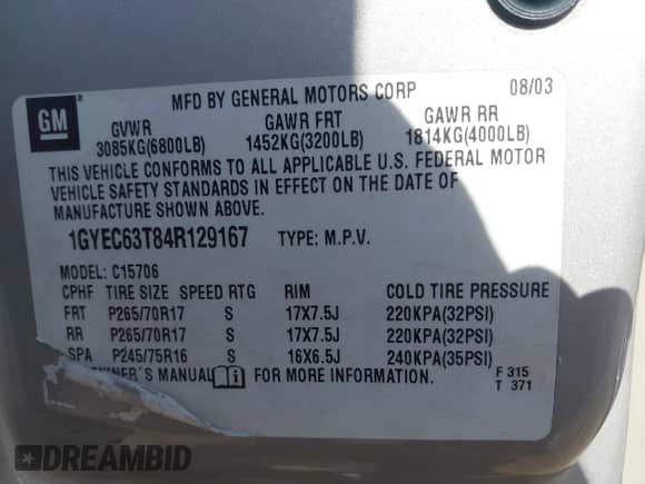 2004 Cadillac Escalade with VIN 1GYEC63T84R129167, listed as a IAAI auction lot 42508847 with 159,293 mi miles and . Bid and sale history available at DreamBid. Image 9.