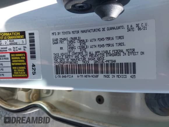 2021 Toyota Tacoma SR5 z VIN 3TYDZ5BN7MT003983, wystawiony jako IAAI lot #42052633 z przebiegiem 60 390 mil mil oraz . Historia ofert i sprzedaży dostępna na DreamBid. Obrazek 9.