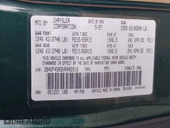 1997 Dodge Caravan SE z VIN 2B4GP45R3VR402016, wystawiony jako IAAI lot #42131557 z przebiegiem Nie podano mil oraz . Historia ofert i sprzedaży dostępna na DreamBid. Obrazek 9.