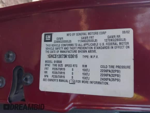 2003 Chevrolet Blazer LS с VIN 1GNCS13X73K103616, выставлен на аукционе IAAI как лот 43478103 с пробегом 274 996 миль миль и . История ставок и продаж доступна на DreamBid. Изображение 9.