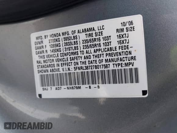 2007 Honda Odyssey EX-L с VIN 5FNRL38727B017587, выставлен на аукционе IAAI как лот 41900739 с пробегом 216 909 миль миль и . История ставок и продаж доступна на DreamBid. Изображение 9.