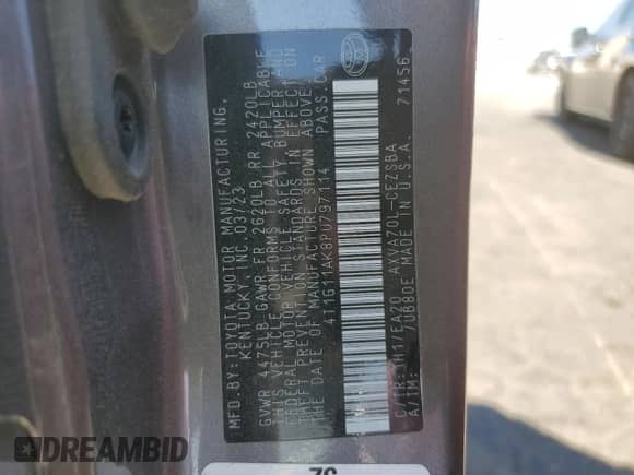 2023 Toyota Camry SE with VIN 4T1G11AK8PU797114, listed as a Copart auction lot 68350425 with Not provided miles and Salvage title. Bid and sale history available at DreamBid. Image 12.