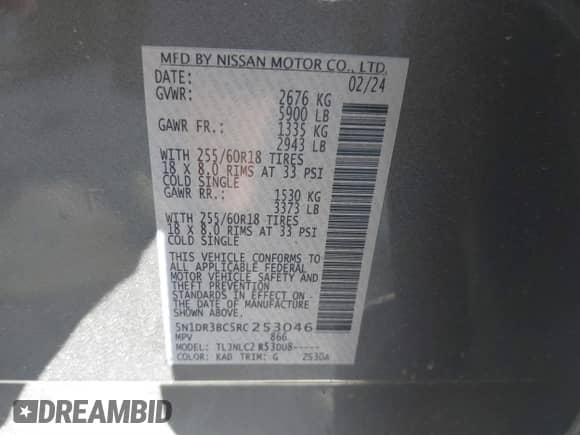 2024 Nissan Pathfinder SV with VIN 5N1DR3BC5RC253046, listed as a IAAI auction lot 41671743 with 14,916 mi miles and . Bid and sale history available at DreamBid. Image 9.