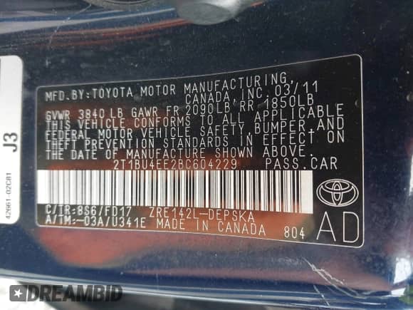 2011 Toyota Corolla S z VIN 2T1BU4EE2BC604229, wystawiony jako IAAI lot #43053311 z przebiegiem 103 784 mil mil oraz . Historia ofert i sprzedaży dostępna na DreamBid. Obrazek 9.