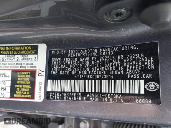 2013 Toyota Camry L с VIN 4T1BF1FK0DU723914, выставлен на аукционе IAAI как лот 43276212 с пробегом 134 879 миль миль и . История ставок и продаж доступна на DreamBid. Изображение 9.