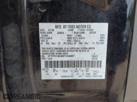 2008 Ford F-150 XLT с VIN 1FTPX14528FC04457, выставлен на аукционе IAAI как лот 42781014 с пробегом 49 318 миль миль и . История ставок и продаж доступна на DreamBid. Изображение 9.