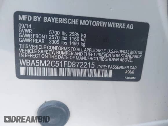 2015 BMW 5 Series 535i Gran Turismo z VIN WBA5M2C51FD872215, wystawiony jako IAAI lot #41787558 z przebiegiem 96 768 mil mil oraz . Historia ofert i sprzedaży dostępna na DreamBid. Obrazek 9.