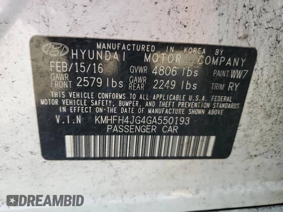 2016 Hyundai Azera Limited с VIN KMHFH4JG4GA550193, выставлен на аукционе Copart как лот 77656044 с пробегом Не указан миль и Списание • Salvage title. История ставок и продаж доступна на DreamBid. Изображение 14.