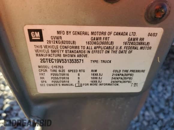 2003 GMC Sierra 1500 with VIN 2GTEC19V531353571, listed as a Copart auction lot 86347254 with 328,300 mi miles and Clean title. Bid and sale history available at DreamBid. Image 12.