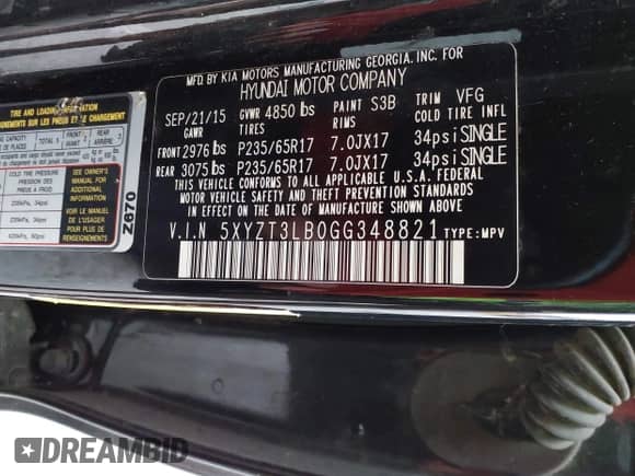 2016 Hyundai Santa Fe с VIN 5XYZT3LB0GG348821, выставлен на аукционе IAAI как лот 43476934 с пробегом Не указан миль и . История ставок и продаж доступна на DreamBid. Изображение 9.