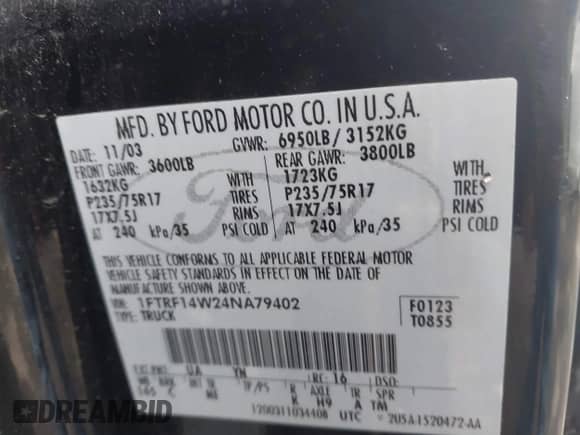 2004 Ford F-150 XL with VIN 1FTRF14W24NA79402, listed as a IAAI auction lot 43450997 with 83,036 mi miles and . Bid and sale history available at DreamBid. Image 9.