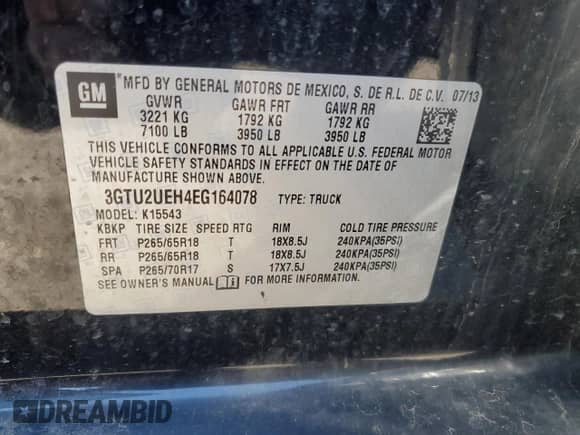 2014 GMC Sierra 1500 SLE с VIN 3GTU2UEH4EG164078, выставлен на аукционе Copart как лот 54237395 с пробегом 97 968 миль миль и Списание • Salvage title. История ставок и продаж доступна на DreamBid. Изображение 13.