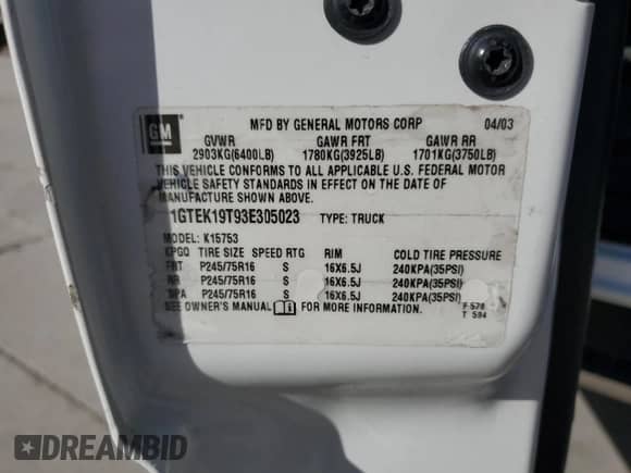 2003 GMC Sierra 1500 SLT с VIN 1GTEK19T93E305023, выставлен на аукционе Copart как лот 65963345 с пробегом Не указан миль и Списание • Salvage title. История ставок и продаж доступна на DreamBid. Изображение 12.