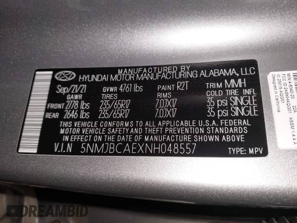 2022 Hyundai Tucson SEL with VIN 5NMJBCAEXNH048557, listed as a IAAI auction lot 43398311 with 19,872 mi miles and . Bid and sale history available at DreamBid. Image 9.