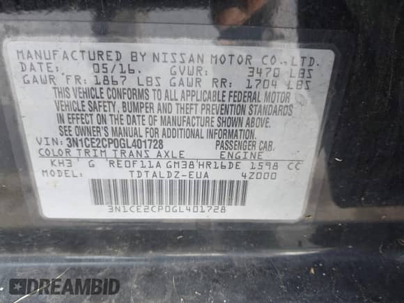 2016 Nissan Note SV z VIN 3N1CE2CP0GL401728, wystawiony jako IAAI lot #43200763 z przebiegiem 108 605 mil mil oraz . Historia ofert i sprzedaży dostępna na DreamBid. Obrazek 9.