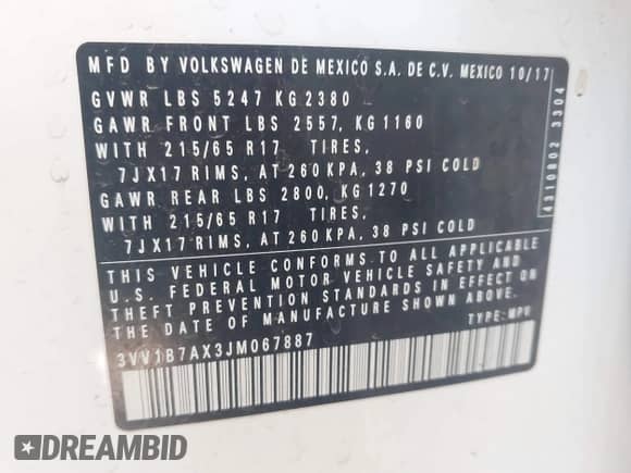 2018 Volkswagen Tiguan S с VIN 3VV1B7AX3JM067887, выставлен на аукционе IAAI как лот 43216100 с пробегом 124 903 миль миль и . История ставок и продаж доступна на DreamBid. Изображение 9.