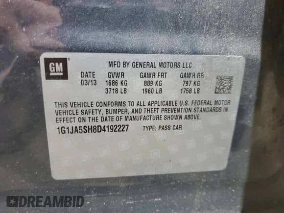 2013 Chevrolet Sonic LS with VIN 1G1JA5SH8D4192227, listed as a Copart auction lot 64015945 with 200,395 mi miles and Salvage title. Bid and sale history available at DreamBid. Image 12.