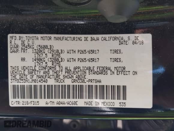2018 Toyota Tacoma SR5 с VIN 3TMBZ5DN1JM014540, выставлен на аукционе IAAI как лот 42505324 с пробегом 112 990 миль миль и . История ставок и продаж доступна на DreamBid. Изображение 9.