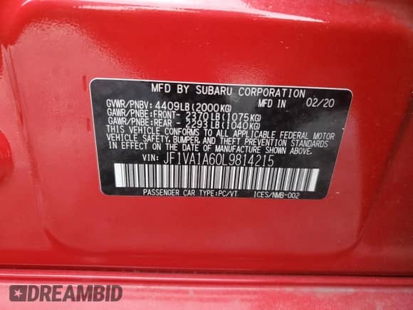 2020 Subaru WRX with VIN JF1VA1A60L9814215, listed as a Copart auction lot 64302775 with 66,967 mi miles and Salvage title. Bid and sale history available at DreamBid. Image 12.