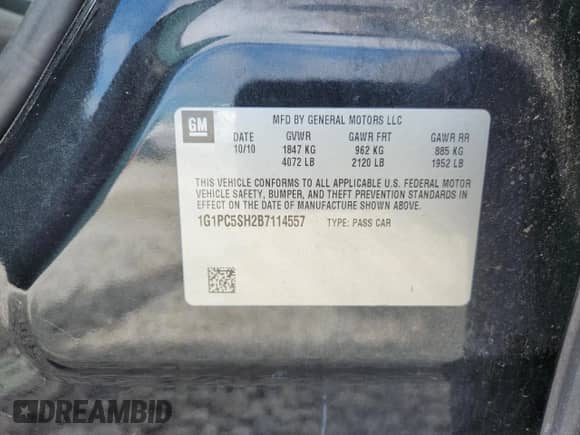 2011 Chevrolet Cruze LS with VIN 1G1PC5SH2B7114557, listed as a Copart auction lot 84826595 with 140,341 mi miles and Salvage title. Bid and sale history available at DreamBid. Image 12.