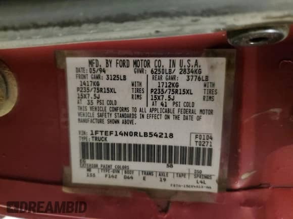 1994 Ford F-150 z VIN 1FTEF14N0RLB54218, wystawiony jako Copart lot #57050765 z przebiegiem 123 580 mil mil oraz Szkoda całkowita • Salvage title. Historia ofert i sprzedaży dostępna na DreamBid. Obrazek 12.