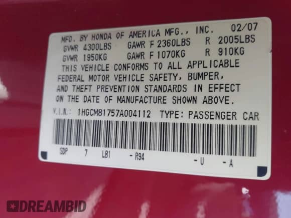 2007 Honda Accord EX-L z VIN 1HGCM81757A004112, wystawiony jako IAAI lot #43310094 z przebiegiem 193 883 mil mil oraz . Historia ofert i sprzedaży dostępna na DreamBid. Obrazek 9.