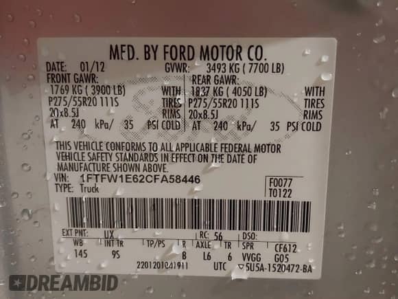 2012 Ford F-150 Lariat with VIN 1FTFW1E62CFA58446, listed as a IAAI auction lot 40479842 with 100,264 mi miles and . Bid and sale history available at DreamBid. Image 9.