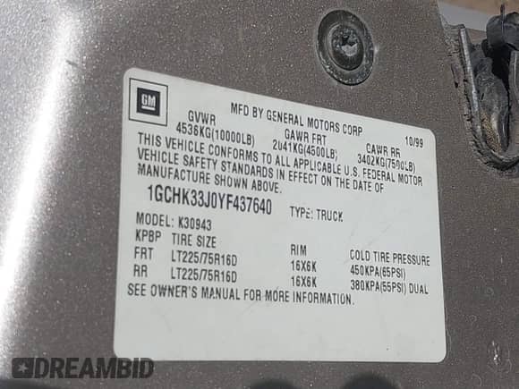 2000 Chevrolet Silverado 3500 с VIN 1GCHK33J0YF437640, выставлен на аукционе IAAI как лот 41796214 с пробегом 139 411 миль миль и . История ставок и продаж доступна на DreamBid. Изображение 9.