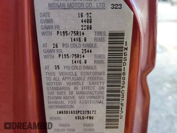 1993 Nissan Frontier z VIN 1N6SD16S3PC375172, wystawiony jako Copart lot #85934395 z przebiegiem 177 222 mil mil oraz Szkoda całkowita • Salvage title. Historia ofert i sprzedaży dostępna na DreamBid. Obrazek 13.