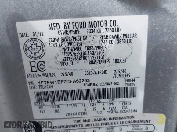 2012 Ford F-150 XL with VIN 1FTFW1EF7CFA62203, listed as a IAAI auction lot 43242232 with Not provided miles and . Bid and sale history available at DreamBid. Image 9.