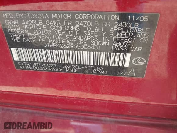 2006 Lexus IS 250 z VIN JTHBK262965006431, wystawiony jako IAAI lot #43479553 z przebiegiem 180 369 mil mil oraz . Historia ofert i sprzedaży dostępna na DreamBid. Obrazek 9.