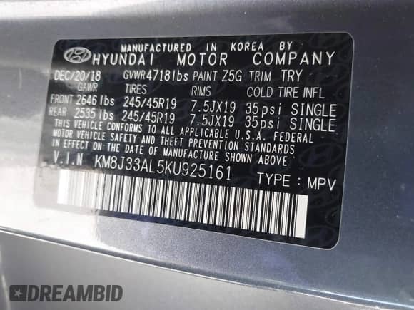 2019 Hyundai Tucson Sport z VIN KM8J33AL5KU925161, wystawiony jako IAAI lot #41570199 z przebiegiem 85 081 mil mil oraz . Historia ofert i sprzedaży dostępna na DreamBid. Obrazek 9.