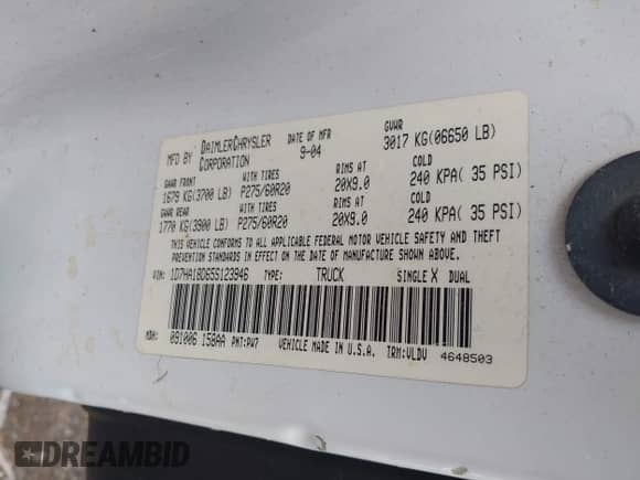 2005 Dodge 1500 SLT z VIN 1D7HA18D65S123946, wystawiony jako IAAI lot #42070507 z przebiegiem Nie podano mil oraz . Historia ofert i sprzedaży dostępna na DreamBid. Obrazek 9.