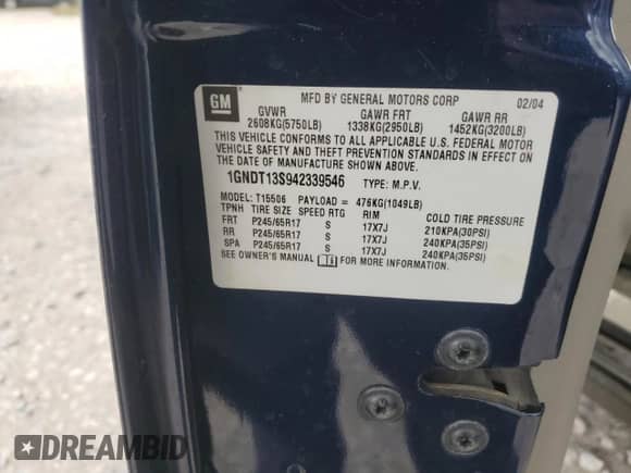 2004 Chevrolet TrailBlazer LT z VIN 1GNDT13S942339546, wystawiony jako Copart lot #71399825 z przebiegiem Nie podano mil oraz Czysty tytuł • Clean title. Historia ofert i sprzedaży dostępna na DreamBid. Obrazek 13.