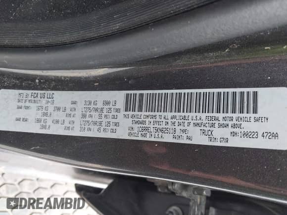 2019 Ram 1500 Rebel z VIN 1C6RRELT5KN625118, wystawiony jako IAAI lot #42426818 z przebiegiem 116 429 mil mil oraz . Historia ofert i sprzedaży dostępna na DreamBid. Obrazek 9.