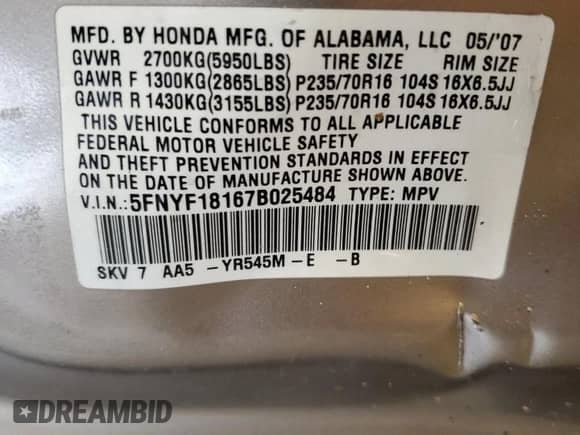 2007 Honda Pilot LX с VIN 5FNYF18167B025484, выставлен на аукционе Copart как лот 67913315 с пробегом 186 386 миль миль и На запчасти • Non repairable. История ставок и продаж доступна на DreamBid. Изображение 14.