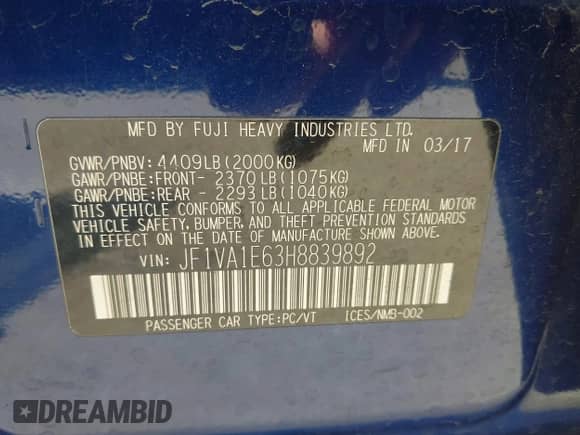 2017 Subaru WRX Premium with VIN JF1VA1E63H8839892, listed as a IAAI auction lot 42915640 with 151,023 mi miles and . Bid and sale history available at DreamBid. Image 9.