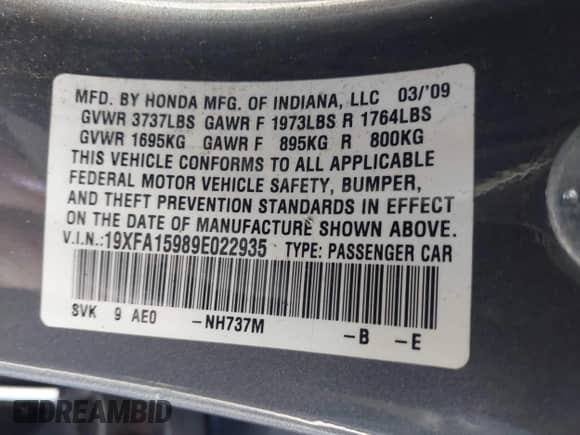 2009 Honda Civic с VIN 19XFA15989E022935, выставлен на аукционе IAAI как лот 43592752 с пробегом 275 241 миль миль и . История ставок и продаж доступна на DreamBid. Изображение 9.