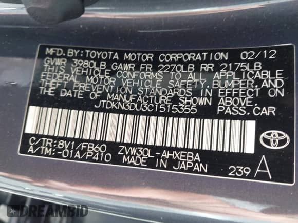 2012 Toyota Prius Four with VIN JTDKN3DU3C1515355, listed as a IAAI auction lot 43261076 with Not provided miles and . Bid and sale history available at DreamBid. Image 9.