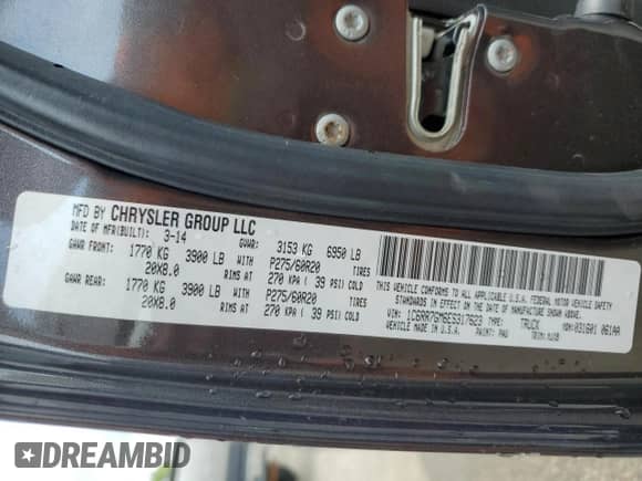 2014 Ram 1500 Big Horn with VIN 1C6RR7GM6ES317623, listed as a Copart auction lot 64665454 with 230,447 mi miles and Salvage title. Bid and sale history available at DreamBid. Image 12.