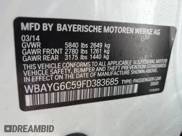 2015 BMW 7 Series with VIN WBAYG6C59FD383685, listed as a Copart auction lot 72630224 with 157,780 mi miles and Salvage title. Bid and sale history available at DreamBid. Image 12.