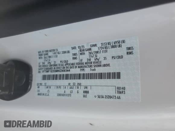 2021 Ford F-150 XL with VIN 1FTMF1E55MKD69344, listed as a Copart auction lot 63662055 with 43,042 mi miles and Salvage title. Bid and sale history available at DreamBid. Image 12.