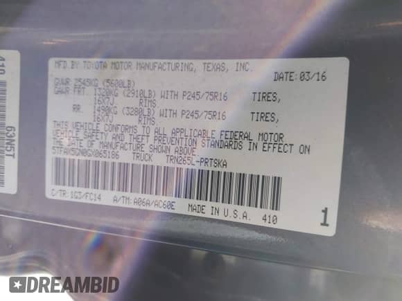 2016 Toyota Tacoma SR5 с VIN 5TFAX5GN0GX065186, выставлен на аукционе IAAI как лот 41468194 с пробегом 124 593 миль миль и . История ставок и продаж доступна на DreamBid. Изображение 9.
