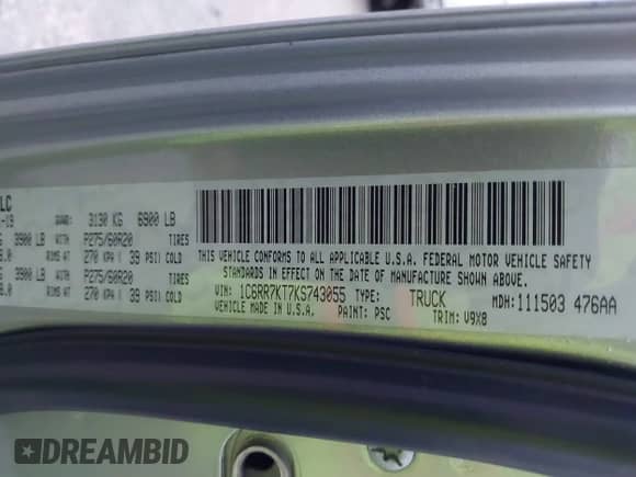 2019 Ram 1500 Express z VIN 1C6RR7KT7KS743055, wystawiony jako IAAI lot #41298661 z przebiegiem 57 536 mil mil oraz . Historia ofert i sprzedaży dostępna na DreamBid. Obrazek 9.