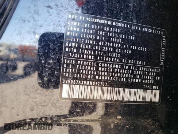 2021 Volkswagen Tiguan S с VIN 3VV0B7AX9MM072737, выставлен на аукционе Copart как лот 68480375 с пробегом 38 696 миль миль и Списание • Salvage title. История ставок и продаж доступна на DreamBid. Изображение 12.